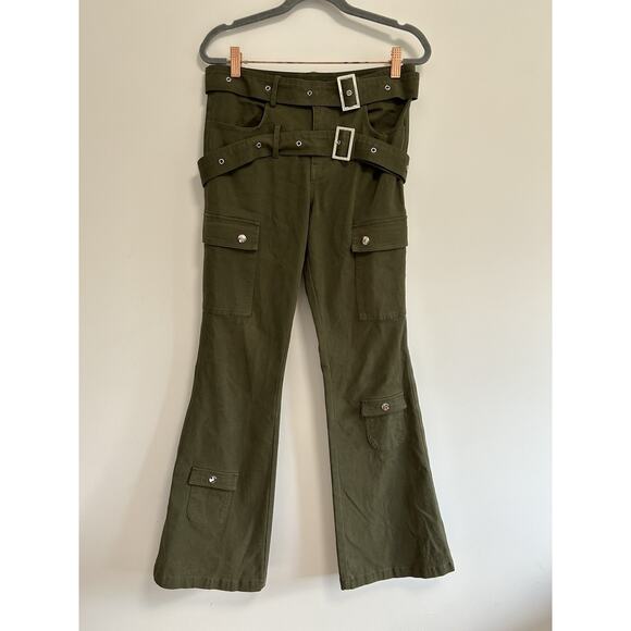 The Kript Pants - The‎ Kript Women's Pants XXS Green Buckle Flare Low Rise Buckle Belt Grunge Emo